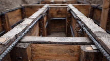 Construction site with wooden formwork and steel rebar preparing for concrete pour