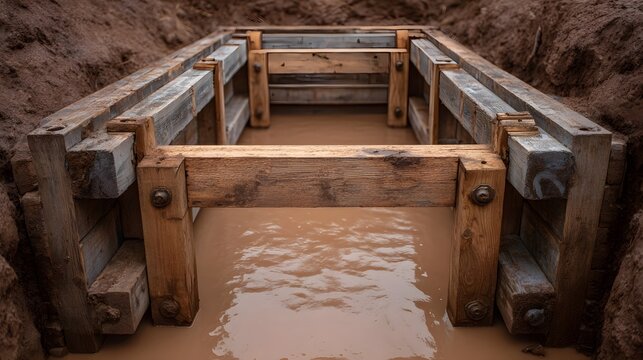 Wooden shoring structure supports a muddy trench excavation highlighting construction safety