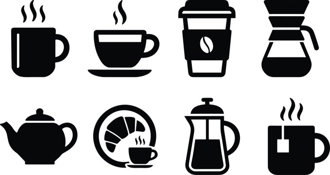 Comprehensive black silhouette vector icon set featuring steaming hot coffee mugs, takeaway cups, tea pots, French press, and breakfast symbols for digital design and cafe branding.