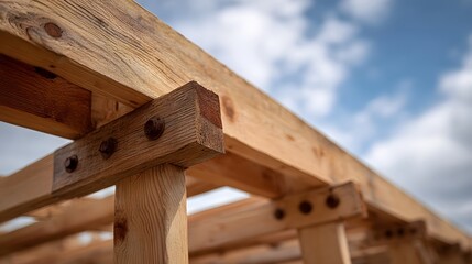 Close up view of wooden beams and joints forming a construction framework against a blue sky with clouds