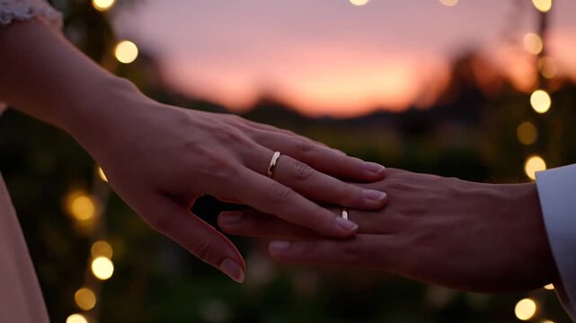 A close-up view of a newly married couple's hands with gleaming golden rings, symbolizing eternal commitment against a beautiful sunset sky, perfect for romantic celebrations.