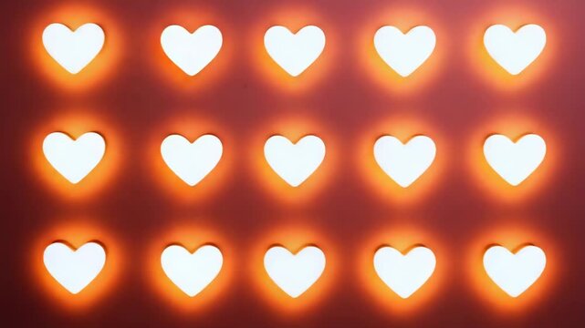Powering on wall-mounted heart grid brightening across five shots at maroon wall, with LED halos