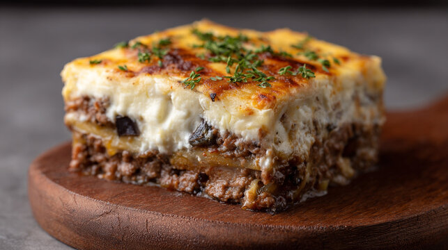 Greek Moussaka layered with eggplant minced meat.