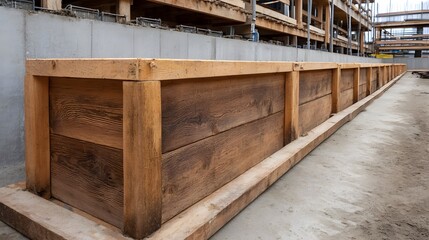 Rustic wooden formwork structures are lined up for concrete wall construction at a developing building site
