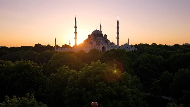 Experience a breathtaking sunset over Istanbul, featuring the Hagia Sophia from a serene balcony. A beautifully detailed rug rests on terracotta tiles, offering an inspiring view.