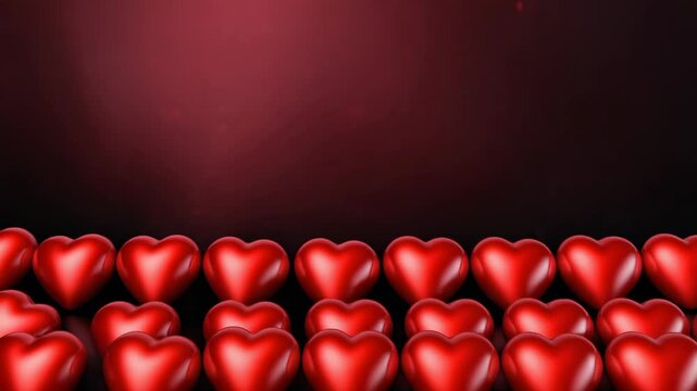 Entering from above 3D red hearts drifting in studio, stacking into layered rows on shiny surface