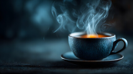 Fototapeta premium Steaming hot coffee in dark blue cup on saucer