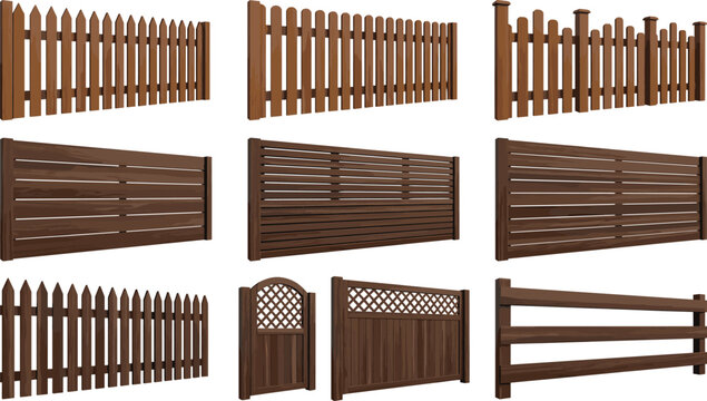 Wooden fence and gate set with picket and panel styles, rustic garden boundary designs isolated on white for landscaping exterior property projects