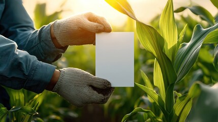 Farmer Holding Blank Card in Corn Field at Sunset