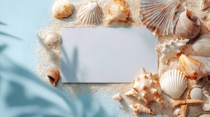Seashell with Sunglasses and Blank Card on Sandy Beach Background