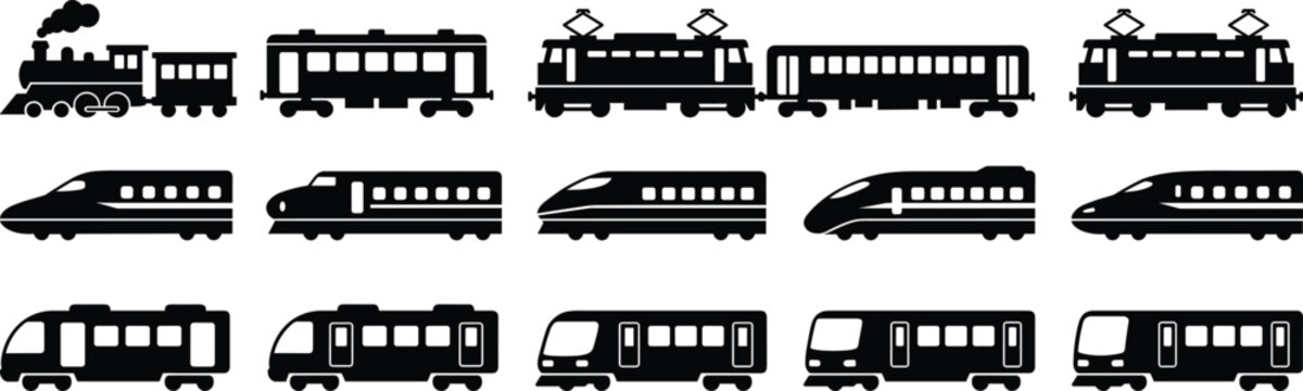 Train silhouette collection showing steam electric high speed and metro rail vehicles, black vector icons isolated on white for transport design projects