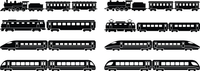 Train silhouette collection featuring steam electric diesel and high speed rail vehicles, black vector icons isolated on white for transportation design projects © Creative Vector