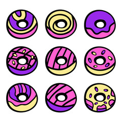 colorful cartoon donut set with glaze and sprinkles, cute hand drawn food collection, vector illustration isolated on white background