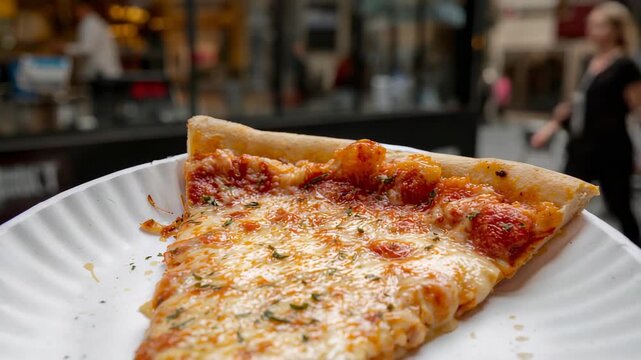 Bringing hand holding fluted plate presenting melted cheese pizza slice at street stall for display