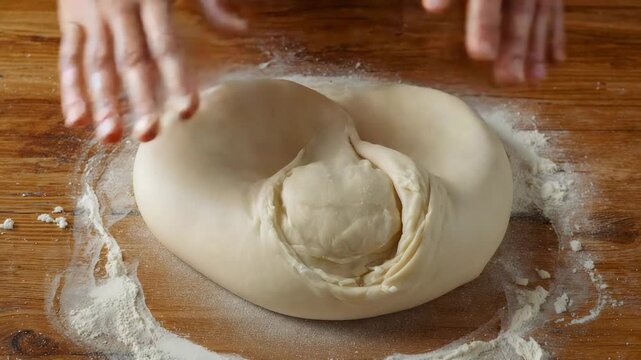 Pressing hands making dimple and folding dough with flour ring on wood counter, preparing proof