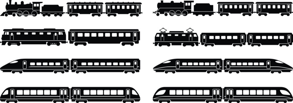 Train silhouette collection featuring steam electric diesel and high speed rail vehicles, black vector icons isolated on white for transportation design projects