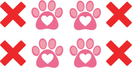 Pink paw print icons with heart shapes and red cross symbols, cute pet themed warning or selection indicator vector illustration © MdSobuj