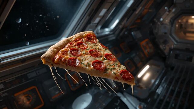 Floating pepperoni slice bobbing and tilting in ship by viewport due to zero-g with melted cheese