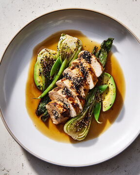 Gegrilltes Lachsfilet mit gr&uuml;nem Spargel und Zitronensauce, elegant angerichtet. Hochwertige Food-Fotografie f&uuml;r gesunde K&uuml;che, Restaurant, Fine Dining und bewussten Genuss.