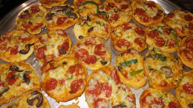 Recording camera shifting of round metal tray of mini pizzas on kitchen counter, showing toppings