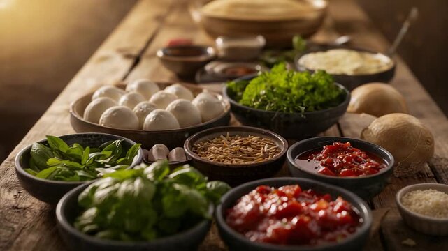 Camera pulling back revealing bowls at prep table, light showing basil or tomato or garlic or eggs f