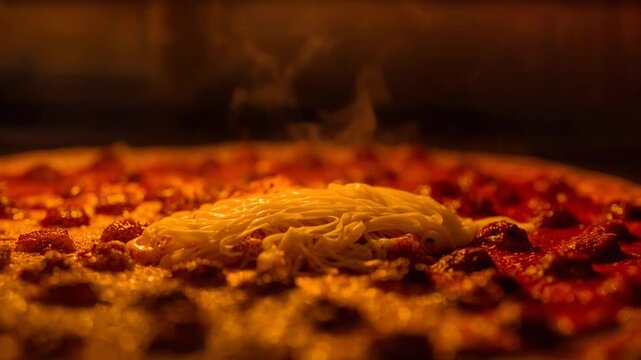 Lifting slice pulling melted cheese strings from pepperoni pie center on rack in oven, steam rising