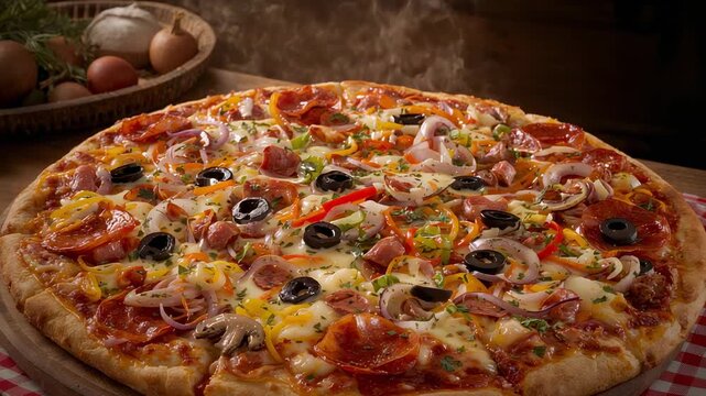 Oven timer ending, steaming topped pizza cooling on tabletop on board over checkered cloth, basket
