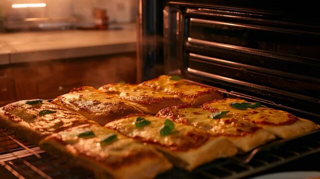 Oven heating rectangular pizza bubbling and browning on metal rack, basil and white plate slice