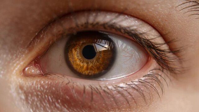 Gazing female eye reacting to rectangular light at close range, adjusting pupil and micro-blinking