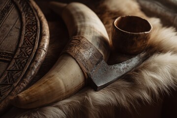Traditional Viking axe and horn arranged on fur, showcasing Norse craftsmanship, medieval heritage, and rugged Scandinavian history in a dramatic rustic still life.