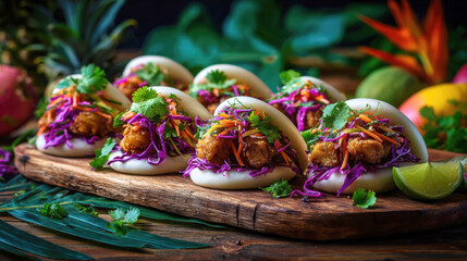 Gourmet crispy chicken bao buns served on a rustic wooden platter with colorful purple cabbage slaw, fresh cilantro, and lime wedges against a lush tropical background with exotic fruits and leaves