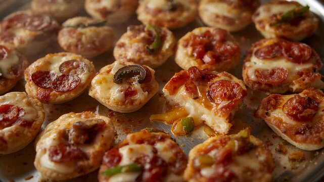Steaming mini pizzas on metal baking tray cooling after oven removal, cheese melting and bubbling