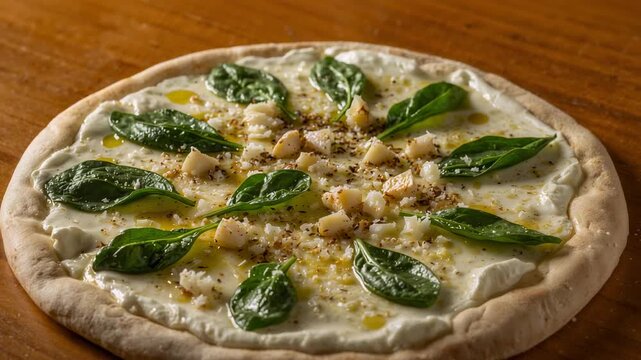 Shot opening, camera zooming onto pizza on wood table, showing ricotta, spinach to reveal texture