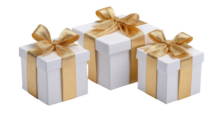 A festive white gift box with a decorative golden ribbon and bow, isolated on white as a wrapped Christmas present or birthday surprise celebration object