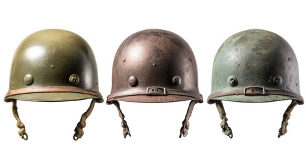 Three vintage military helmets, displaying different shades of weathered paint