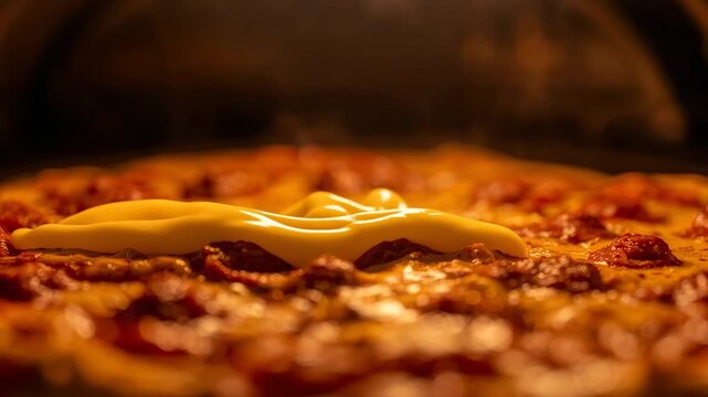 Dispensing melted cheese stream flowing onto pepperoni pizza in oven mouth, filling gaps