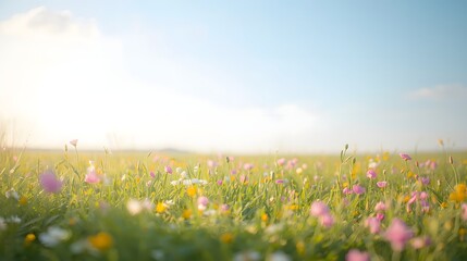 Obraz premium Serene meadow with flowers swaying gently in the morning sunlight
