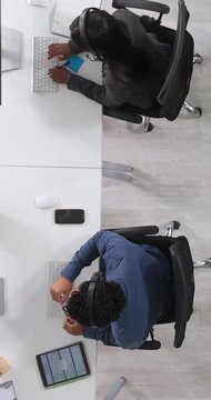 Call center, headset or people in office from above, lead generation or customer service in crm management. Telemarketing, coworking or agents with tech, outbound contact or feedback in help desk.