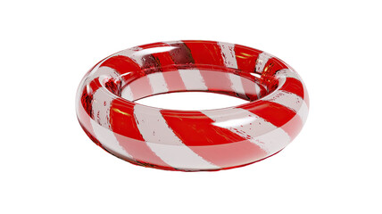 glossy red and white striped inflatable swim ring isolated on white background representing  summer fun water safety and pool accessory 