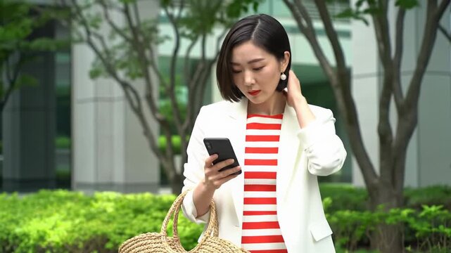Young east asian woman with bob, white blazer, striped dress holds raffia bag, intently tapping smartphone outdoors, lush foliage, urban architecture. urban mobile connectivity