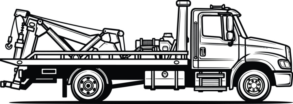 Detailed black and white line art illustration of a heavyduty wrecker tow truck in a side profile view.
