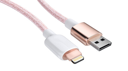 A macro closeup of a black plastic USB cable and flash drive connector provides a digital connection for PC data transfer and computer network communication on a white background