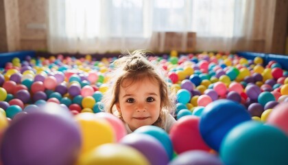 Adorable toddler peeking out from a colorful ball pit, full of joy and playfulness, perfect for childhood concepts, family life, and daycare advertisements