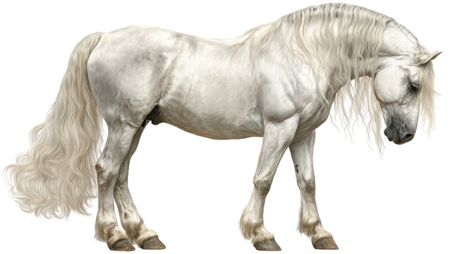 A white Andalusian horse and a young foal graze in a green nature pasture, showcasing a wild stallion and mare as isolated equine animals on a white background