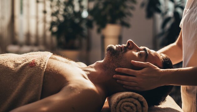 Relaxed man getting a head massage in a luxurious spa, enjoying a moment of tranquility and self-care, wellness and relaxation concept, beauty, stress relief, pampering