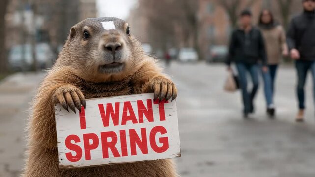 Holding 'I WANT SPRING' sign, groundhog tilting head with pedestrians approaching in winter coats