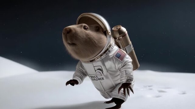 Spotting horizon cue, rodent in spacesuit with logo 5 and backpack taking steps, exploring surface