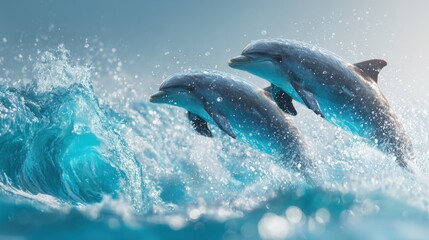 Fototapeta premium Two dolphins leap through ocean waves with splashes and sunlight