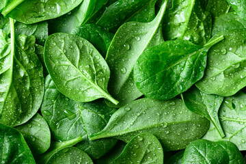 Fototapeta premium Detailed macro view of tender spinach foliage covered with moisture in vibrant green tones. Leaf texture, botanical background and clean nutrition concept