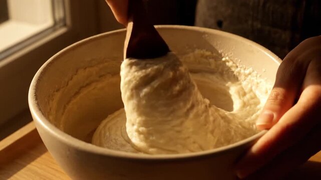 Watch as skilled hands combine ingredients, stirring a creamy batter in a ceramic bowl. This culinary process promises delicious homemade treats, captivating viewers.